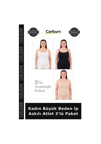 Carlburn Özel Seri Kadın Büyük Beden İp Askılı Atlet 3'lü Paket Ev Giyimi Terletmez Pamuklu Beyaz Siyah Ten