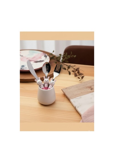 Porland Rabbit Pembe Çocuk Çatal Kaşık Bıçak Takımı 3 Parça Gri