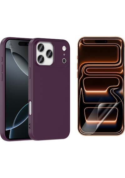 Apple Uyumlu iPhone 17 Pro Max Içi Kadife Lansman Kılıf Ve Mat Seramik Tam Kaplayan Ekran Koruyucu Koyu Mor