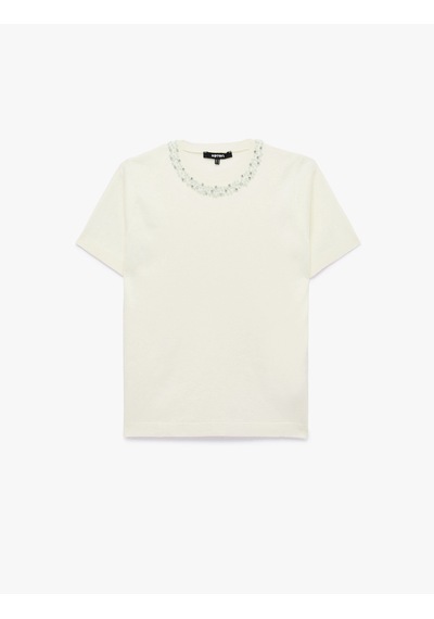 Koton Regular Fit Boncuklu Bisiklet Yaka Kısa Kollu Viskon Triko Kazak Ekru 7wak90135ht