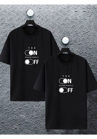 Unisex Kadın Erkek Sen Ve Diğer Insanlar Baskılı Sevgili Çift Kombini Tasarım Oversize T-shirt 2'li Siyah Mck2394 Siyah