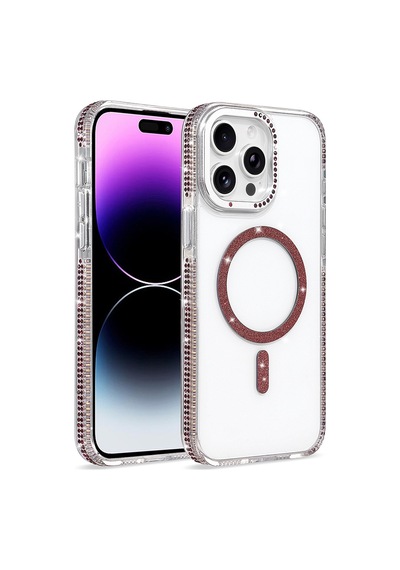Apple iPhone Uyumlu 14 Pro Max Kılıf Taşlı Simli Magsafe Kamera Yükseltili Silikon Pazarplus Mürdüm