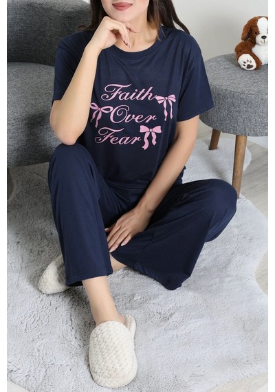 Modi Süprem Baskılı Pijama Takımı Koyulacipembe - 53526.1567. Açık Bej - Siyah