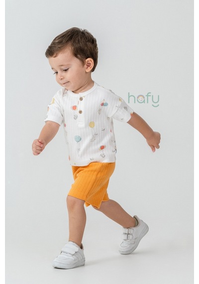 Hafy Baby Henley Yaka, Balon Desenli, Erkek Bebek / Çocuk Şortlu Takım Ekru - Hardal
