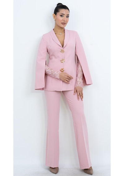 Dorne Moda Özel Koleksiyon Dantel Detaylı Takım Elbise - Düğün - Mezuniyet - Ofis Şıklığı Pembe