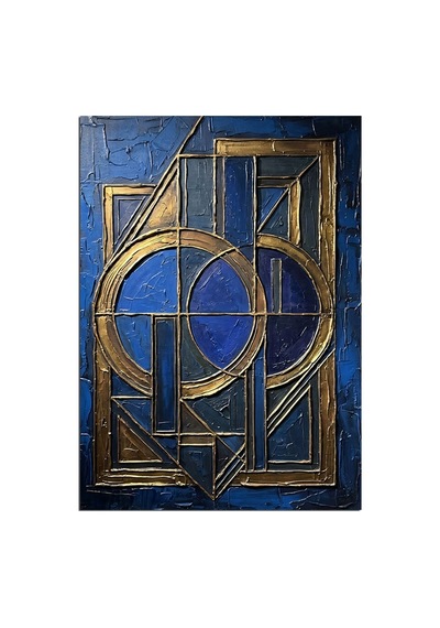 Mavi Altın Art Deco Geometrik Çerçeve Dekoratif Kanvas - Mdf Ahşap Tablo Çok Renkli