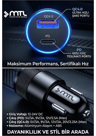 Araç Şarj Aleti Çakmaklık 38w Type-c + Usb Çift Portlu - Qualcomm Qc 4.0 Desteği Mt-a1833 Siyah İle Uyumlu