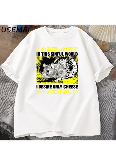 Flood Of Style Ben Arzu Sadece Peynir T-shirt Erkekler Komik Pamuk Japon Sıçan Grpahic Tees Casual Pamuk Kıs Beyaz