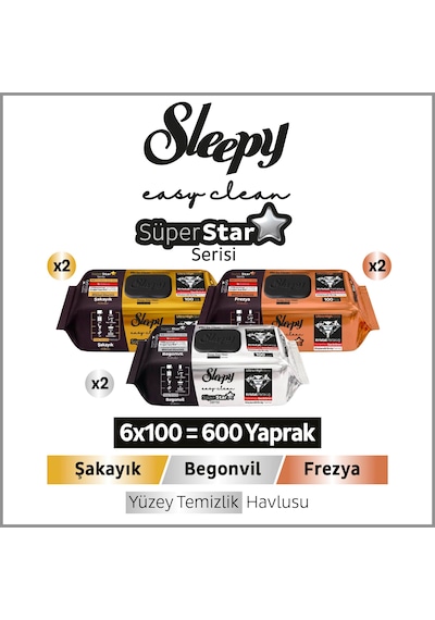 Sleepy Easy Clean Süperstar Yüzey Temizlik Havlusu Mendili Begonvil+frezya+şakayık 6x100 600 Yaprak Beyaz