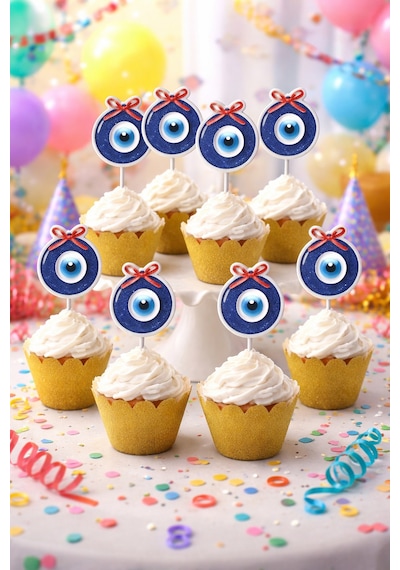 Nazar Boncuğu Kek Kürdanı 16 Adet Mavi Nazar Pasta Süsü Cupcake Topper Parti