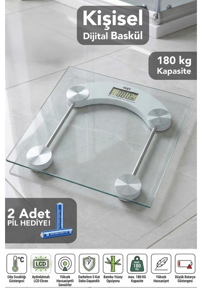 Kişisel Cam Dijital Baskül - Lcd Ekranlı Batarya Göstergeli 180kg Kapasiteli Tartı