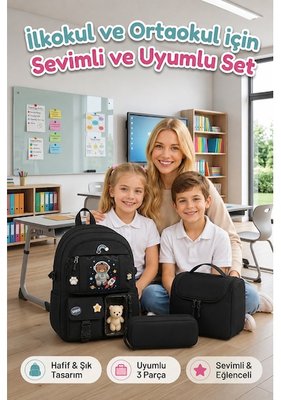 3'lü Kore Model Ortaokul Okul Çantası Kız Çocuk, Kız Çocuk Okul Çantası Beslenme Çantası Kalemlik Siyah