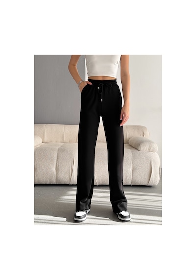 Winmoda34 Kadın Trend Bol Paça Modal Kumaş Eşofman Altı Çift Cepli Wide Leg Siyah