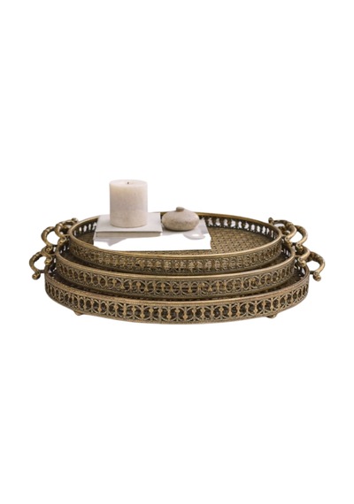Vero Konsept Antik Gold 3 Lü Oval Ferforje Tepsi Seti Vr-st03 - Vintage Sunum Ve Dekorasyon
