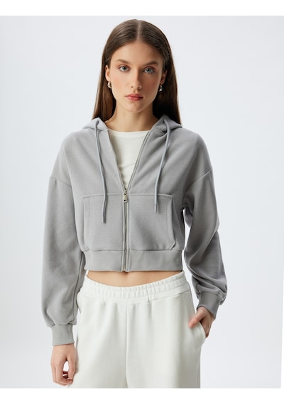 Koton Crop Kapüşonlu Fermuarlı Sweatshirt Cepli Uzun Kollu Gri 5wak10056ek Gri