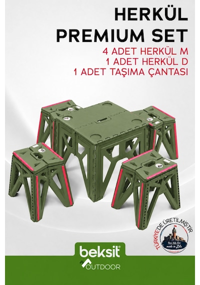 Outdoor Herkül Premium Katlanır Kamp Masa Takımı Seti - Haki Yeşil Çantalı Yeşil Yeşil