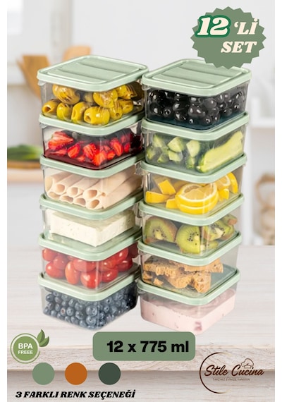 12'li Buzdolabı Düzenleyici Organizeri Mikrodalgaya Uygun Difriz Saklama Kabı 12x775ml Mint Yeşil