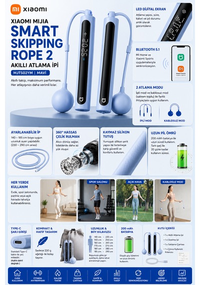 Mijia Smart Skipping Rope 2 Akıllı Atlama İpi Led Ekran Bluetooth 5.1 Ayarlanabilir 3 Metre Gerçek Zamanlı Antrenman Rehberi, Veri Kaydı Ve Analizi