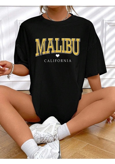 Malibu Kalp T-shirt - Siyah Baskılı Oversize Bisiklet Yaka Kısa Kol SIYAH