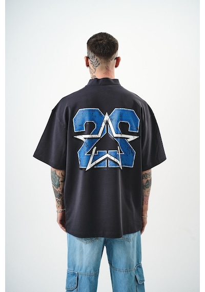 Respire Erkek 22 Baskılı Yarım Fermuarlı Oversize T-shirt Füme