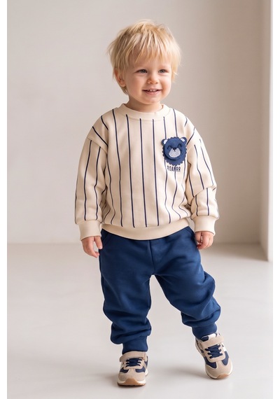 Babymod Erkek Bebek Ayıcık Figürlü Çizgili Krem Sweatshirt Ve Lavivert Alt Eşofman Takımı Lacivert