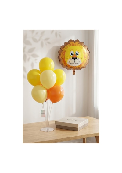 Safari Aslan Kafa Balon Stand Seti Şeffaf 7 Li Stand + Safari Aslan Folyo Balon + 7 Lateks Balon