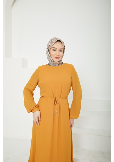 Armine Trend Etek Ucu Tül Desenli Fermuarlı Elbise-hardal-25yt924 Hardal