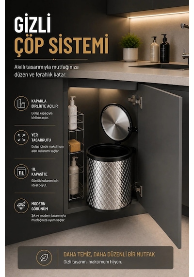 Banyo, Mutfak Dolabı İçi 11 Litre Metal Çöp Kovası – Krom, Tüm Dolaplara Uyumlu Tezgah Altı Çöp Kovası