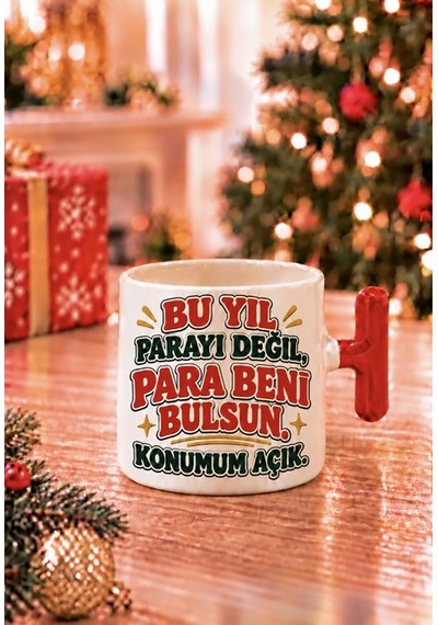 Mesela Yılbaşı Kupası Bu Yıl Parayı Değil Para Beni Bulsun Desenli Kırmızı Kulplu Hediyelik Kahve T Kupa Bardak Beyaz