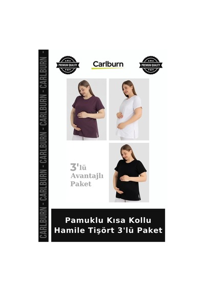 Carlburn Özel Üretim Pamuklu Kısa Kollu Hamile Tişört 3'lü Paket Esnek Temel Set Mürdüm Beyaz Siyah