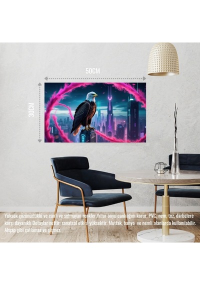 Kartal Fütüristik Bir Şehirde Neon Parıltı Stili 02 Çerçevesiz 50x30 Cm Pvc Tablo