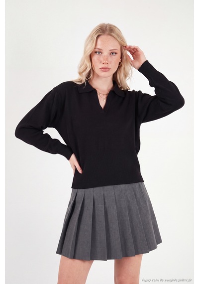 Lela Yumuşak Dokulu Regular Fit Polo Yaka Kazak Kadın Kazak 680kz00163 Siyah