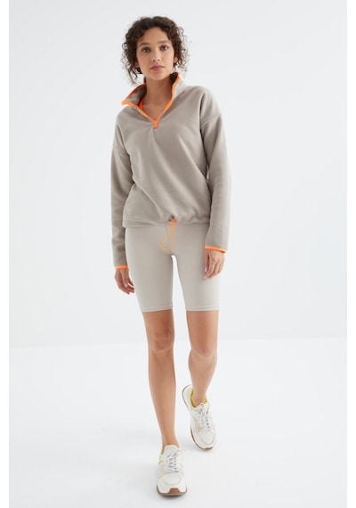 Tommy Life Koyu Bej Yarım Fermuar Etek Ucu Büzgülü Dik Yaka Oversize Kadın Polar Sweatshirt - 97234 Koyu Bej