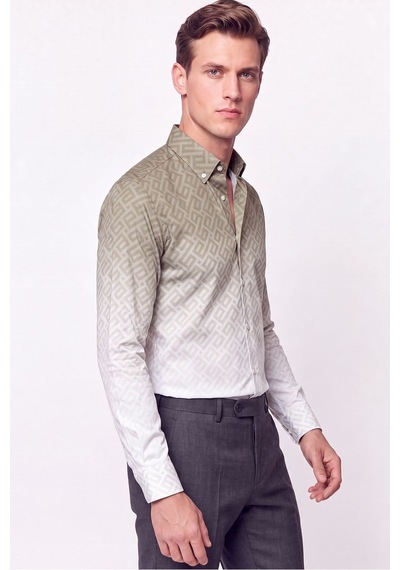 Slim Fit Düğme Yaka Desenli Haki Gömlek G 1611