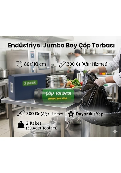 Endüstriyel Jumbo Boy Çöp Torbası 80 x 110 CM 300 G 3 x 10'lu