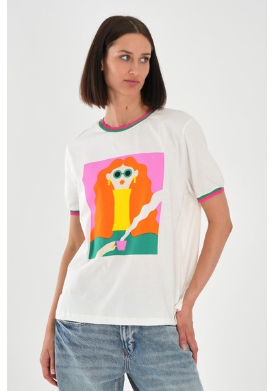Alexandergardı Yaka Ve Kol Detaylı Baskılı Kadın T-shirt Beyaz