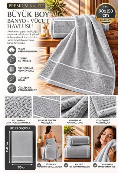 Jakarlı Büyük Boy Banyo Havlusu Premium Sıkı Dokuma %100 Organik Pamuk 90x150 Cm Gri - 945284492 Gri