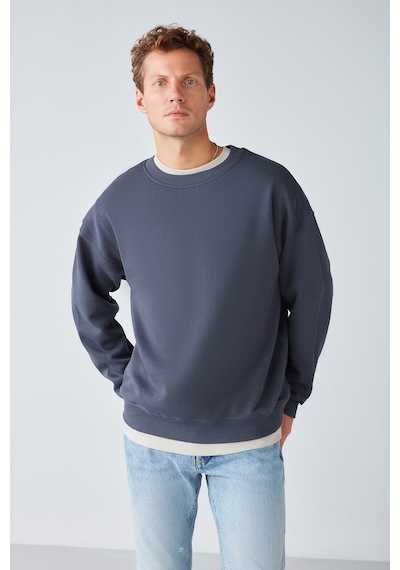 Grimelange Stephan Erkek Yumuşacık Kumaşlı Organik Pamuklu Oversize Fit Yuvarlak Yakalı Antrasit Sweatshirt