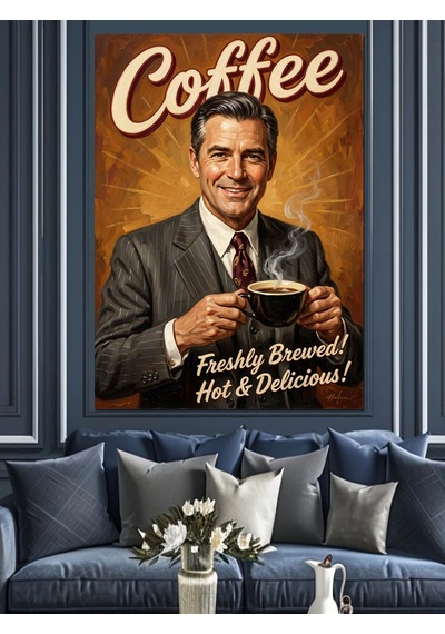Kahve İçen Takım Elbiseli Adam Retro Poster Dekoratif Kanvas - Mdf Ahşap Tablo Çok Renkli