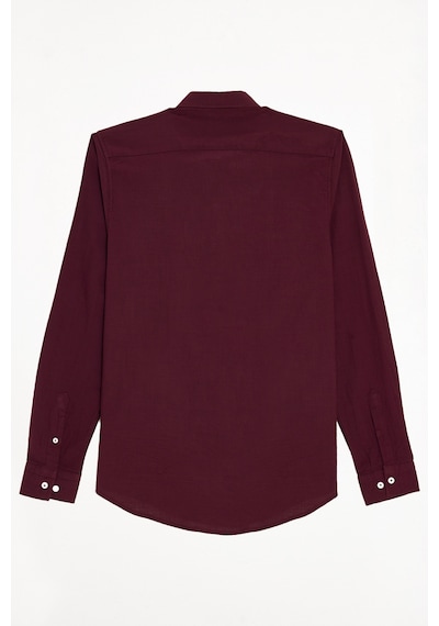 Tudors Erkek Slim Fit Dar Kesim %100 Pamuk Düğmeli Yaka Flam Keten Bordo Gömlek-50270