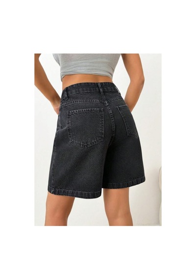 Kene Jeans Bıyıklı Siyah İşlemli Kot Denim Şort Siyah İşlemli
