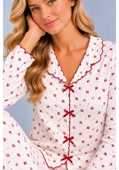 Pijamask Kadın Desenli Fiyonk Detaylı Düğmeli Uzun Kollu Müslin Pijama Takımı Bordo