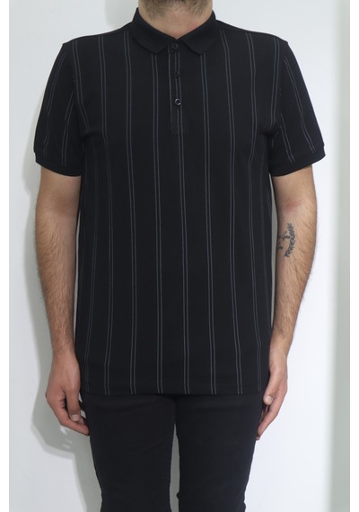 Santa Dmctekstil Erkek İnce Çizgili Spor Kesim Rahat Kalıp Polo Yaka T-shirt Siyah