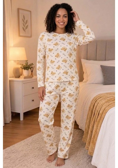 Kadın Pamuklu Desenli Kaşkorse Pijama Takımı Açık Bej