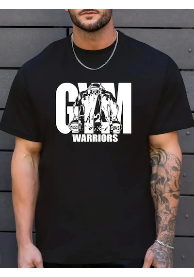 Sporda Günlük Hayata Giyilebilir Gym Baskılı Oversize Bisiklet Yaka Erkek T-shirt - Siyah