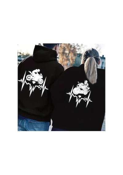 Nevermind Sevgili Kombini Oversize Hoodie Motosiklet Kalp Ritmi Baskılı 3 Siyah