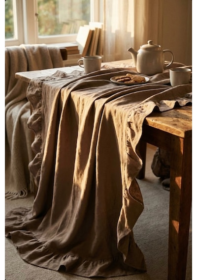 Romance Fırfırlı Masa Örtüsü - Vintage Düz Renk Dekoratif - Kare, Yuvarlak Ve Dikdörtgen Kahverengi