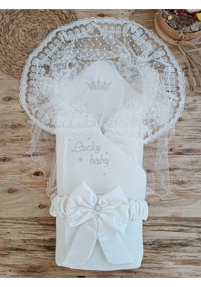 Dantelli Özel Taçlı Bebek Kundağı Unisex Bebek Dış Kundak Battaniyesi Hastane Çıkışı Hediyelik Ekru