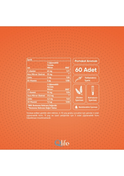Qlife Vitamin C Portakal Aromalı Vitamin Ve Mineral içeren Takviye Edici Gıda 60 Gummies