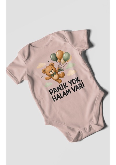Morivokids Panik Yok, Halam Var Kısa Kollu Bebek Body %100 Pamuk Pastel Pembe